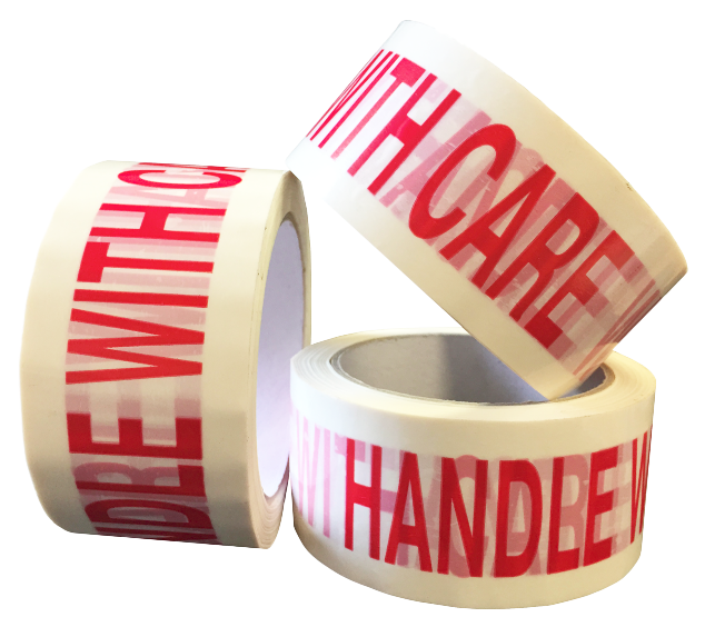 50mm x 66m White Vinyl Tape Printed "FRAGILE HANDLE WITH CARE"